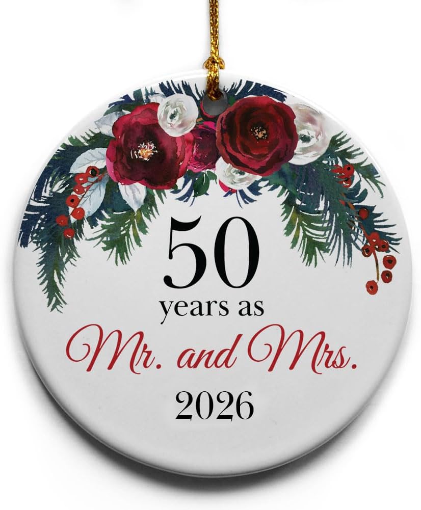 50 Years as Mr. and Mrs. Ceramic Christmas Tree Ornament Collectible Holiday Keepsake 2.875" Round Ornament in Decorative Gift Box with Bow, Perfect 50th Wedding