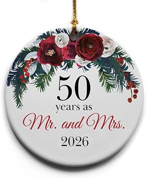 50 Years as Mr. and Mrs. Ceramic Christmas Tree Ornament Collectible Holiday Keepsake 2.875" Round Ornament in Decorative Gift Box with Bow, Perfect 50th Wedding