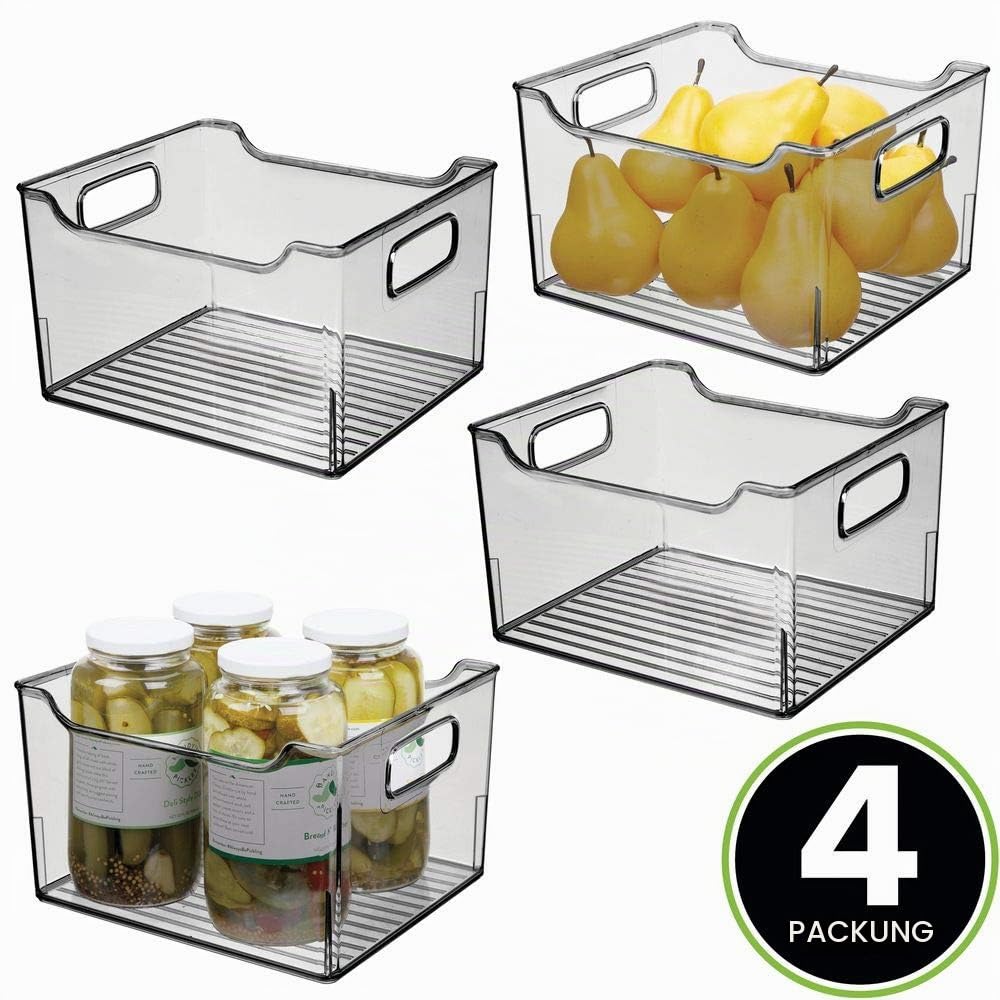 mDesign 4er-Set Aufbewahrungsbox mit Griffen – hohe Kühlschrankbox zur Lebensmittelaufbewahrung – Ablage aus Kunststoff für den Küchen- oder Kühlschrank – rauchgrau