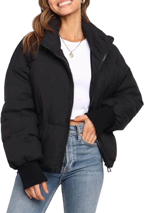 MEROKEETY Women's 2025 Winter Long Sleeve Zip Puffer Jacket Pockets Baggy Short Coats