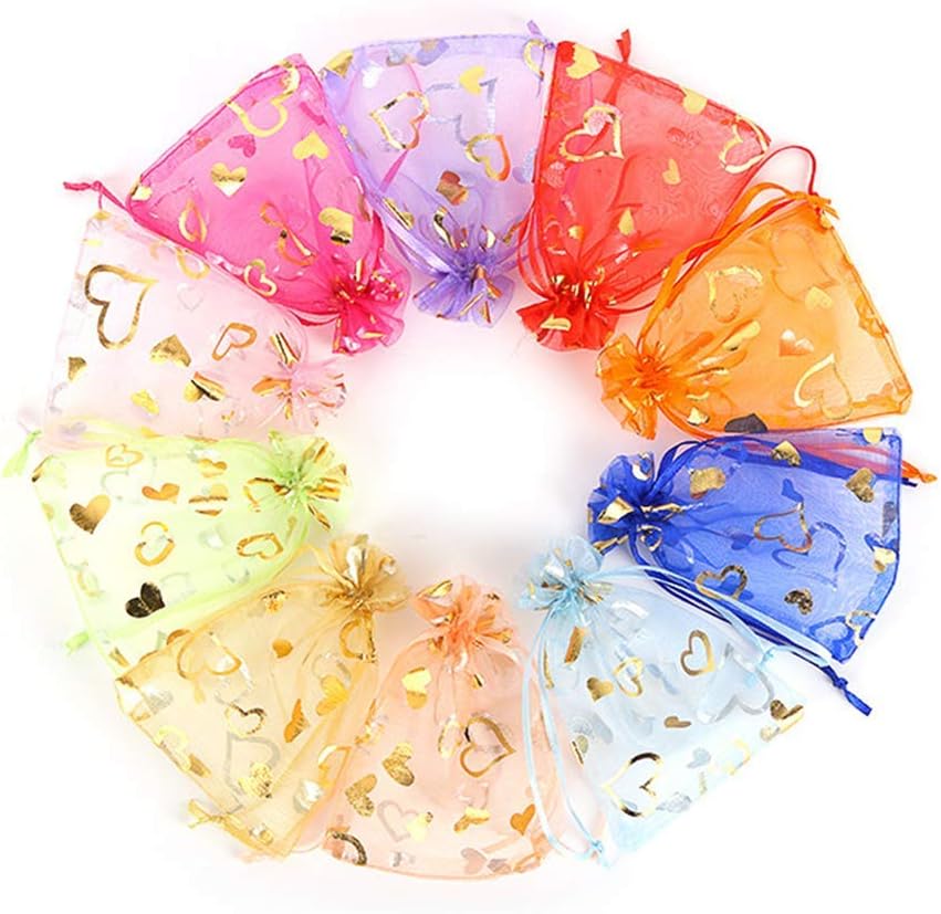 Stratalife Organza Bags Small Sheer Mesh Drawstring Bags 4x6 Cute Jewelry Pouches Party Favor Baggiess for Wedding Return Small Business Packaging 100PCS (Mixed Heart)