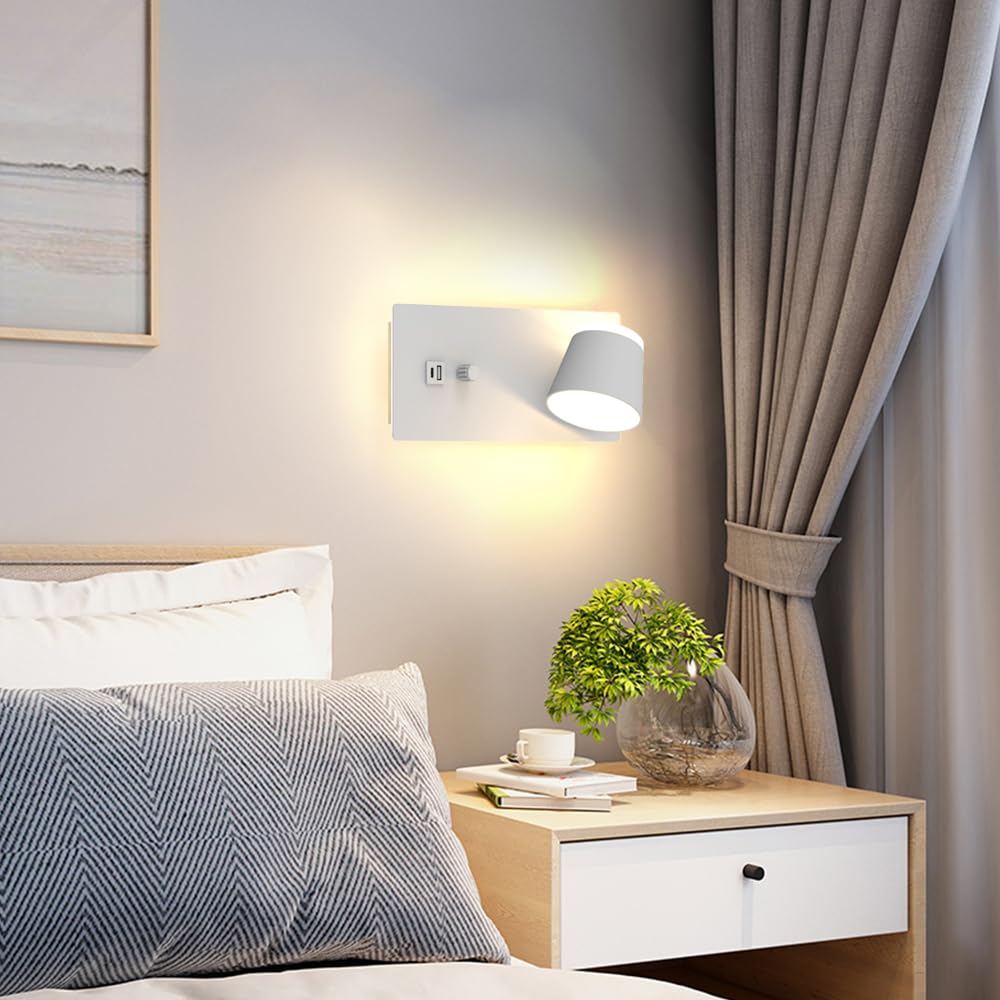Sytmhoe 2 Pièces Appliques Murales Blanche Avec Port Usb Type C, Art Deco Led Blanc Lampe Murale Avec Interrupteur, 16W 3000K Dimmable Rotatif Liseuse Luminaires De Chevet Pour Chambre Salon Hôtel