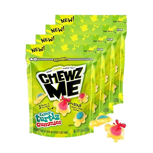 ChewzMe Tangy Turtlz Gummies, Turtle Shaped Jelly-Filled Gummy and Chewy Candy in Assorted Flavors, 8 Ounce (Pack of 4) - Resealable Bag - 4 Pack