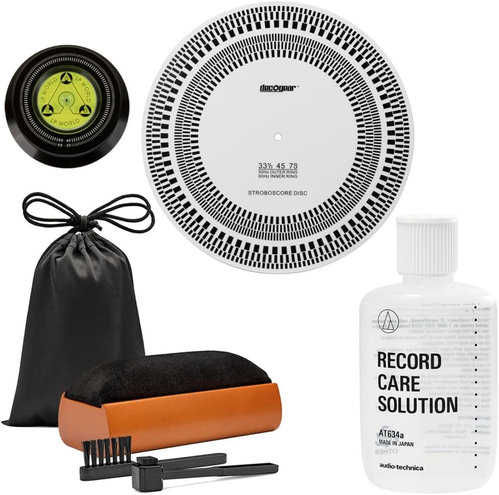 Deco Gear Vinyl Care Turntable Bundle: Cleaning Kit + Stroboscope + Record Stabilizer + Audio-Technica Record Care Solution