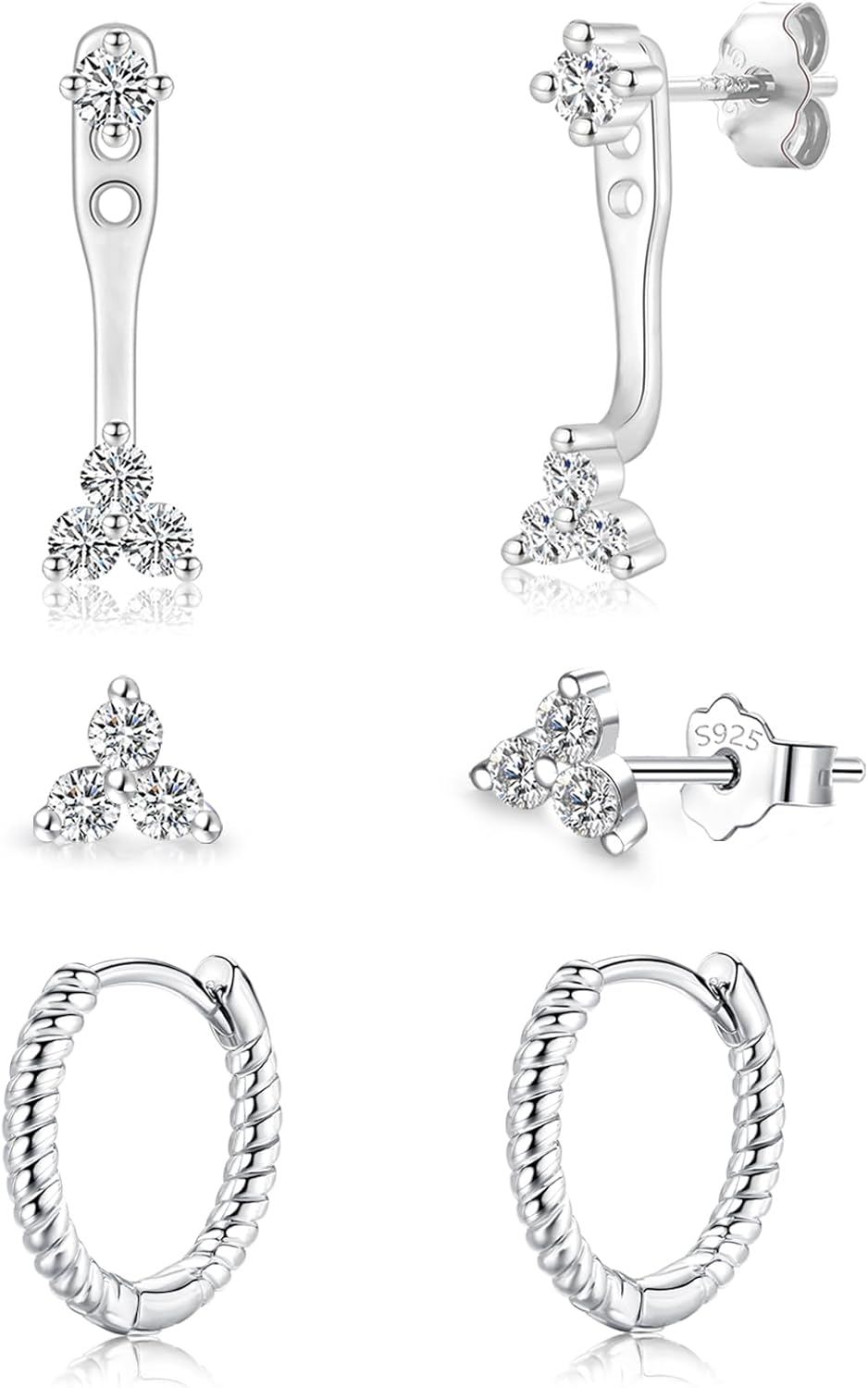 CERSLIMO Silver Stud Earrings Set for Women, 3 Pairs White Gold Plated Cartilage Earrings Sets for Multiple Piercings, Hypoallergenic Huggie Hoop Jacket Studs Cubic Zirconia Jewelry Gifts