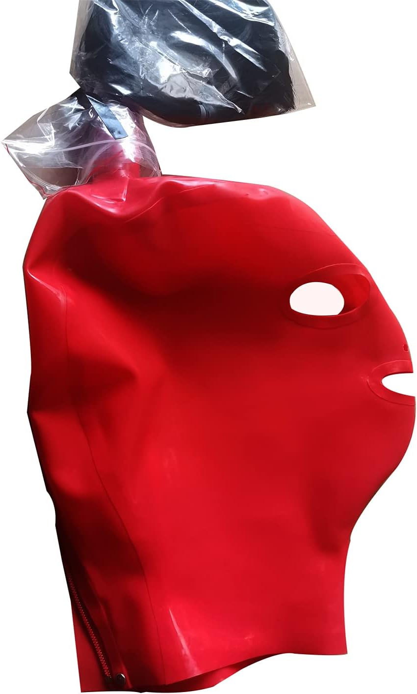 MFMYEE 100% Latex BDSM Fetish Full Bondage Mask with Wig (RED)
