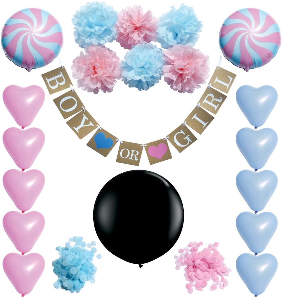 Gender Reveal Party Supplies | Baby Shower Decorations - Kit/Set: 36 inch Black Balloon with Baby Pink and Blue Confetti, Boy Or Girl Pregnancy Banner/Sign, Latex Heart Balloons, Tissue Paper Pompoms