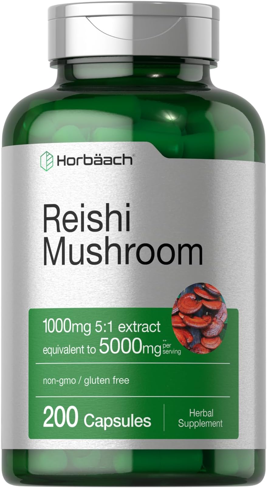 Horbäach Reishi Mushroom Capsules | 200 Count | Non-GMO and Gluten Free Extract Supplement