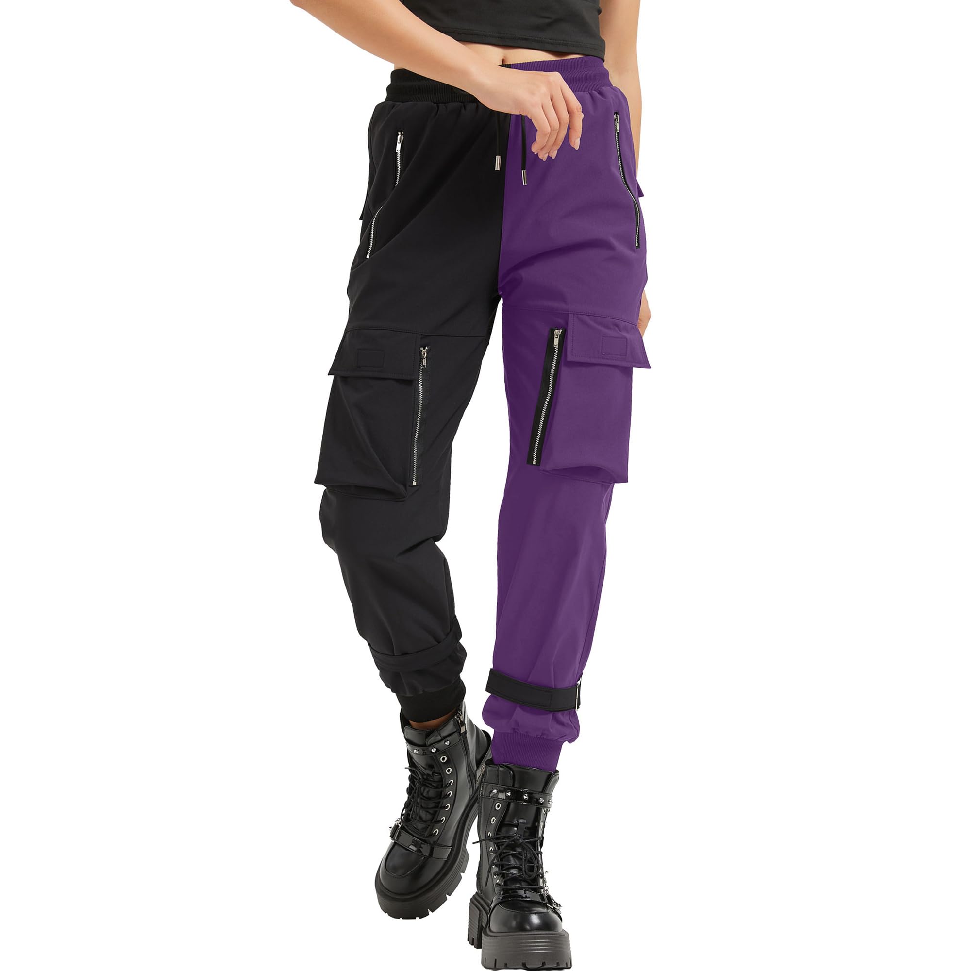 MEINVQIAOTI Schwarze Cargohose für Damen, lockere Kettenhose, mehrere Taschen, Multi-Reißverschluss, Punk, Gothic-Hose