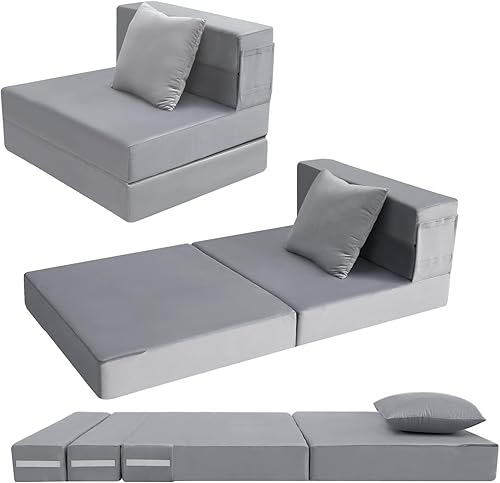 MeMoreCool Silla futón plegable para adultos, sofá cama individual de 6 pulgadas, sofá cama plegable con almohada, sofá cama convertible de espuma