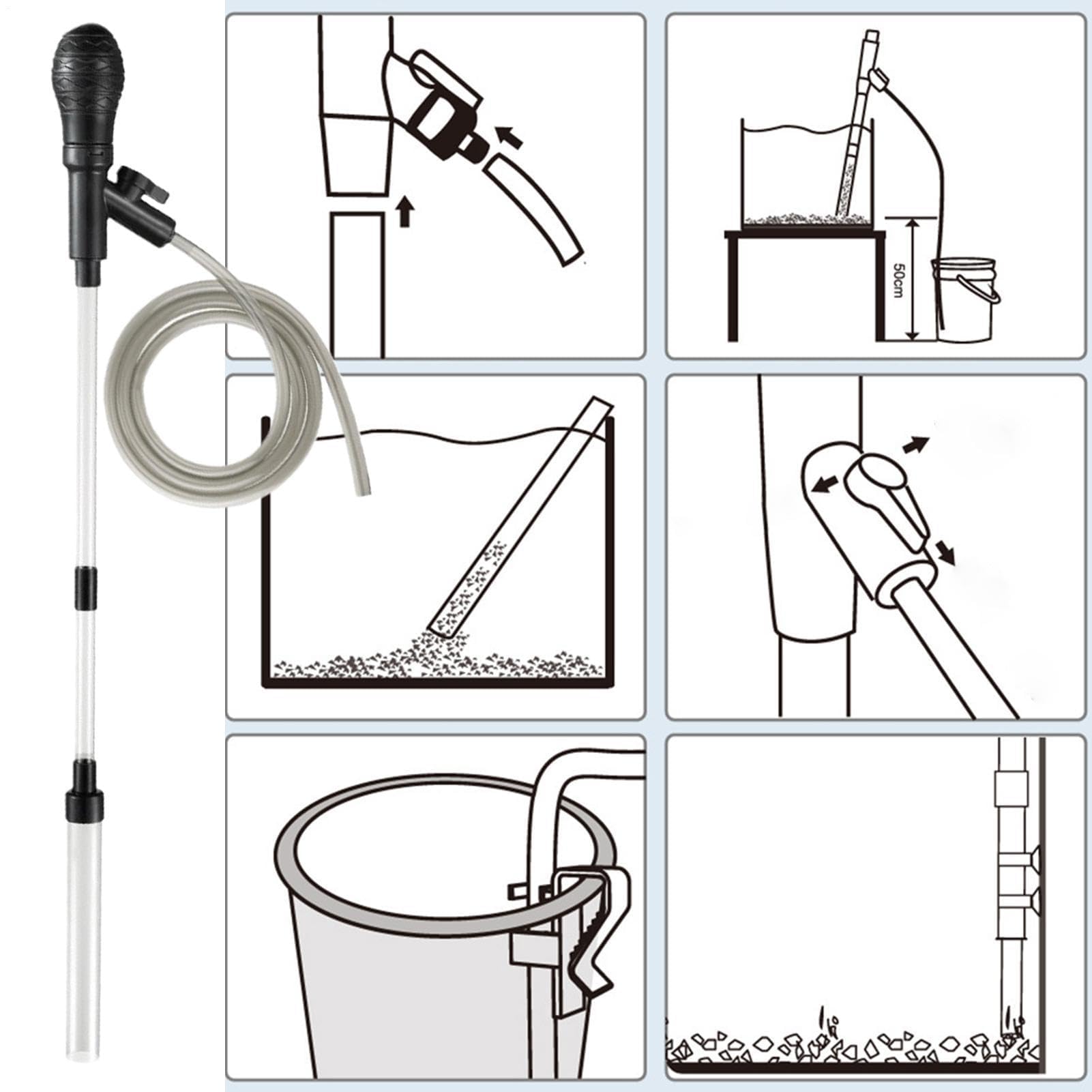 Aspirateur de gravier pour aquarium avec clip limiteur de débit, ventouse pour réservoirs jusqu'à 60 cm, idéal pour bassin, fontaine de jardin tortue et entretien des récifs