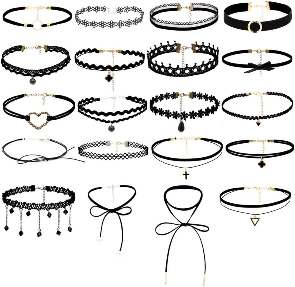Choker Set 20 Pcs Adjustable Classic Black Choker Necklace Foot Set for Christmas Gift Velvet Metal Pendant Making Chains Vintage Lolita Styles for Women Girls