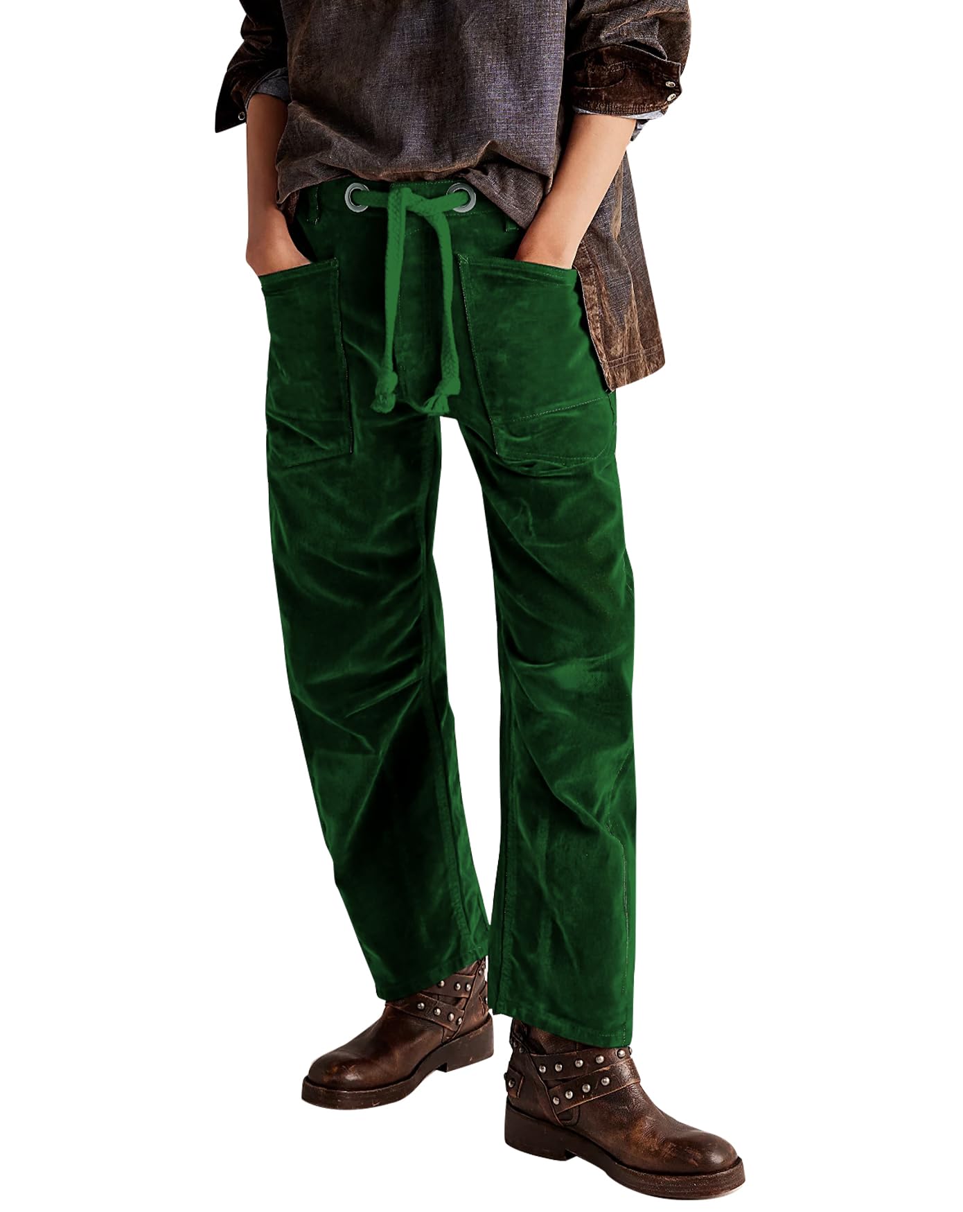 LifeShe Women Velvet Pants Baggy Barrel Velour Pants Mid Waist Drawstring Trousers