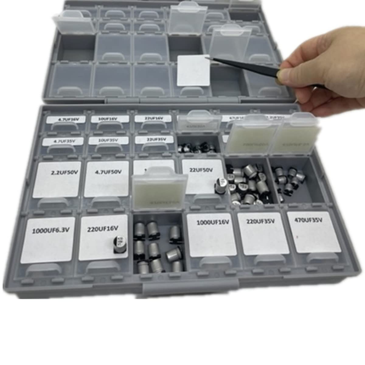 AideTek 24 Values 410pcs SMD Aluminum Electrolytic Capacitor Assortment Kit with BOXALL-48 Storage Box Range 4.7uF－1000uF 16V-50V