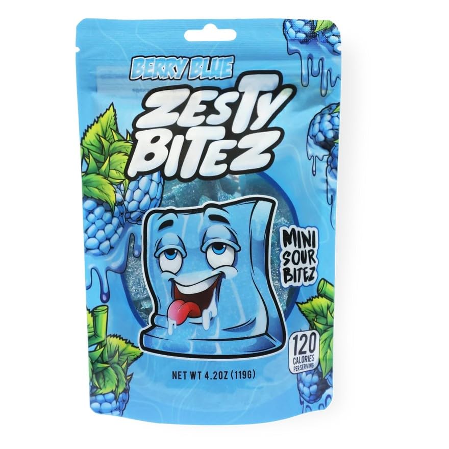Zesty BitezSour Gummy Belt Squares, Sweet and Tangy Candy Strips, 4.2 oz Resealable Bag (Berry Blue)