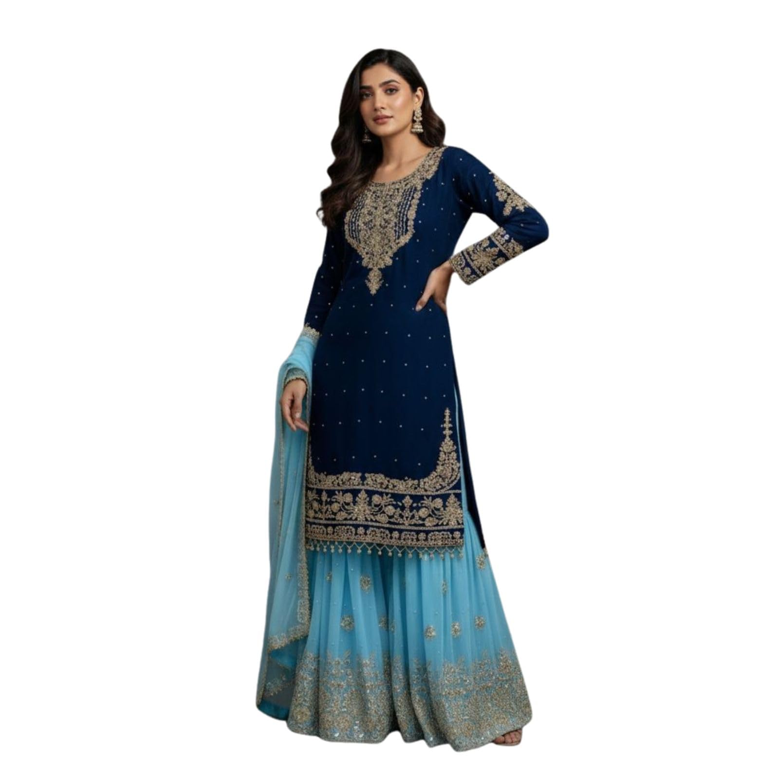saajya Women’s Designer Heavy Faux Georgette Embroidered Top-Plazzo Set with Dupatta – Full Sleeve Ready-to-Wear Outfit with Coding Dori, Sequence & Rivet Moti Work-VR-4590-picture-13
