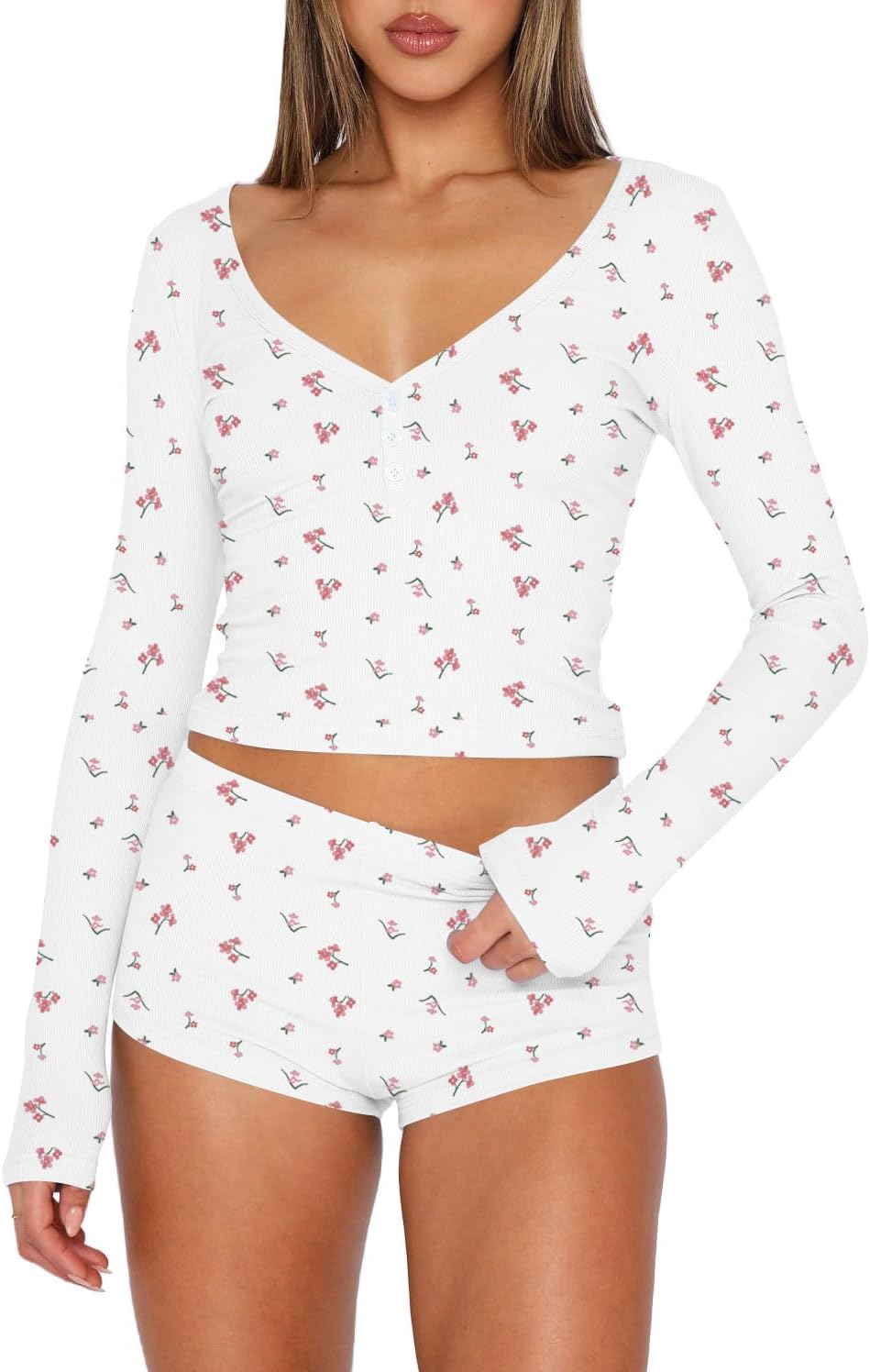 INFITTY Womens Sexy Vneck 2 Piece Sets Casual Long Sleeve Button Short Pajama Outfit 2026 Trendy Crop Top Nightwear