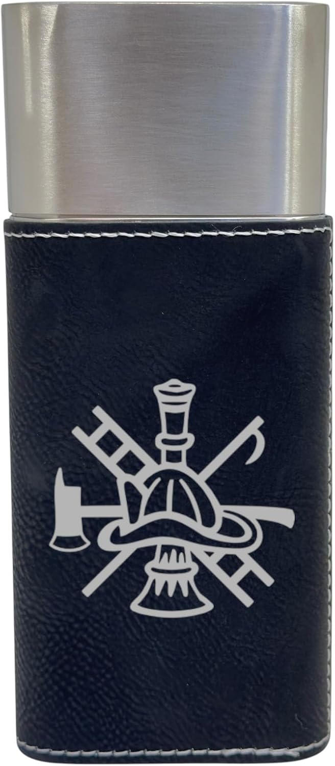 Hip Flask Plus Cigar Case with Cutter - Firefighter Emblem - Leather (Dark Brown/Black)