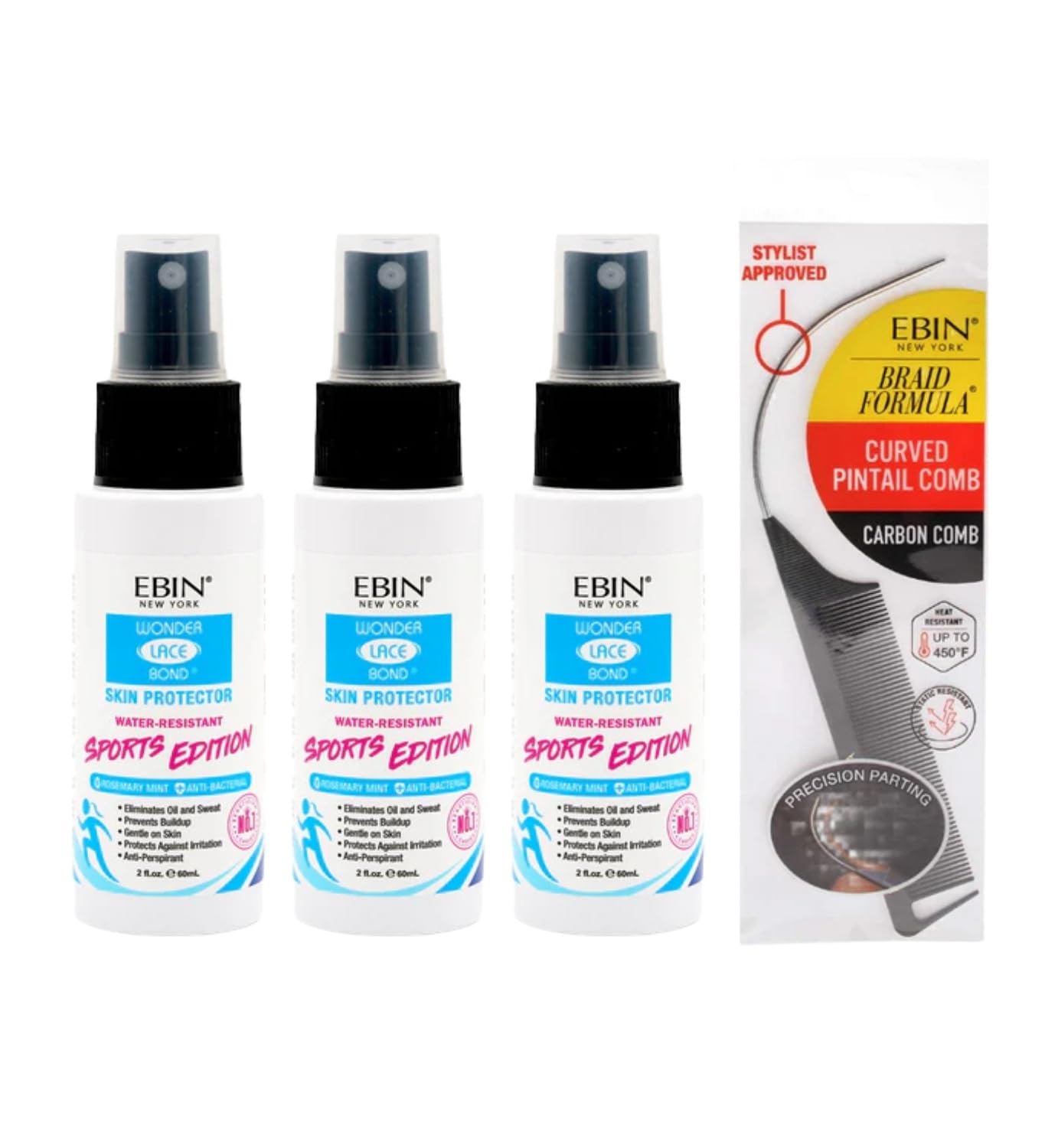 Ebin Wonder Lace Bond Spray – 3X Skin Protector Sports Edition 60ml Bundle with Braid Formula Curved Pintail Comb by EBIN NEW YORK – Protective Shield for Lace Wig Application – Gift Set (4 Items)