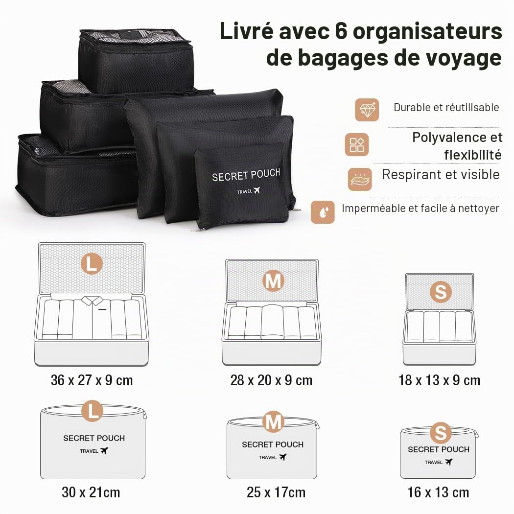 Lekeinchi Sac à Vêtements 2 en 1 pour Femme avec 6 Cubes de Rangement et Compartiment à Chaussures - Sac de Sport pour Avion - Grand Sac de Voyage Pliable pour Week-End, Voyage, Gym - Noir