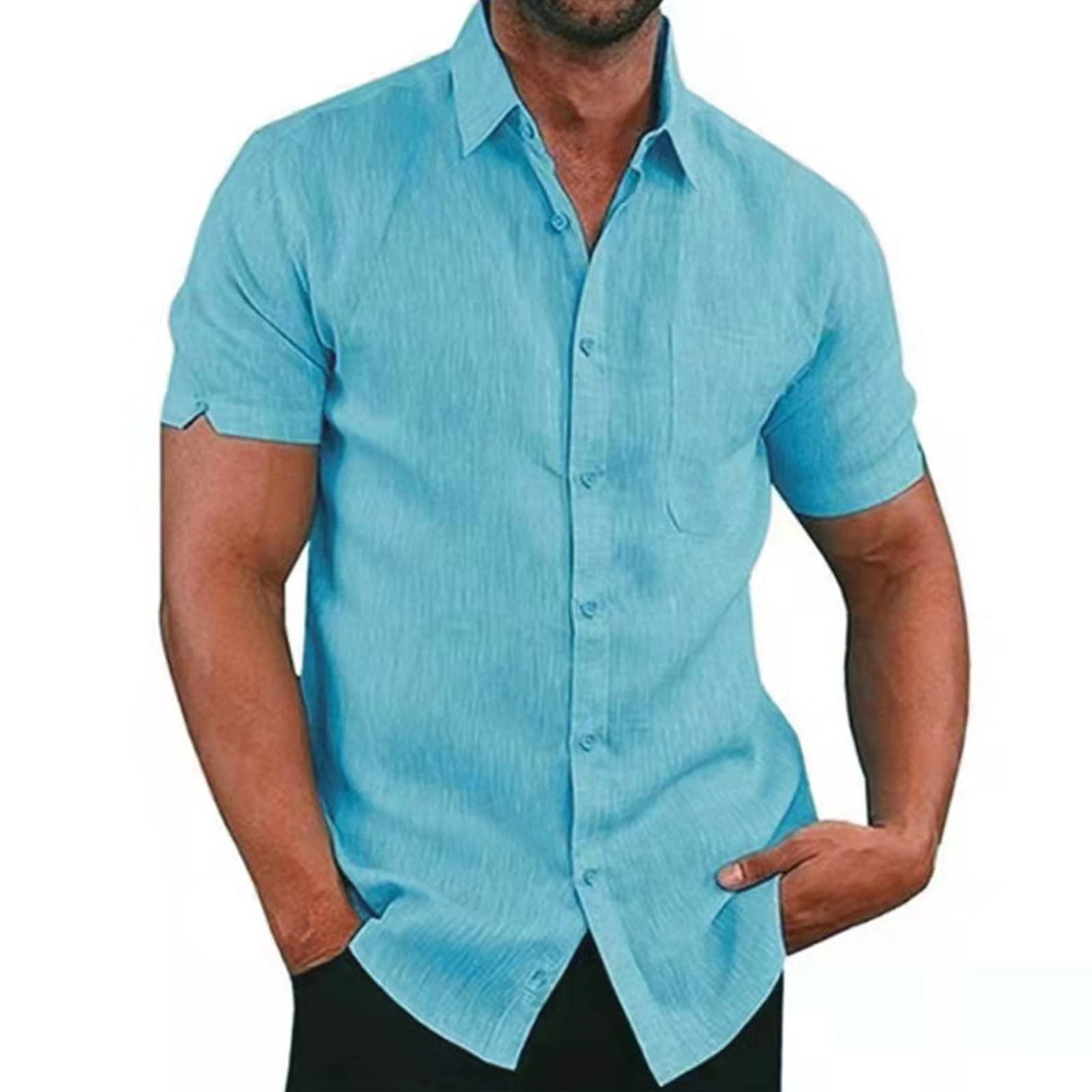 Maiyifu-GJ Men's Short Sleeve Beach Shirts Lightweight Summer Button Down Shirt Plain Tropical Holiday T Shirt with Pocket (Blue 1,X-Large)