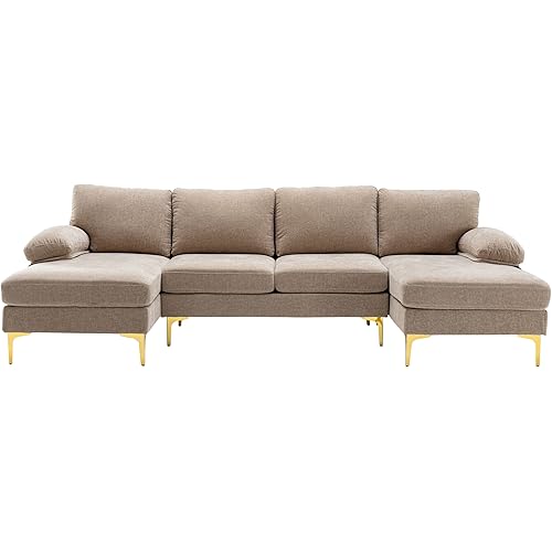 Olela U Shape Sectional Sofa,Modern Large Chenille Fabric Modular Couch,Extra Wide Sofa with Chaise Lounge and Golden Legs for Living Room (Camel)