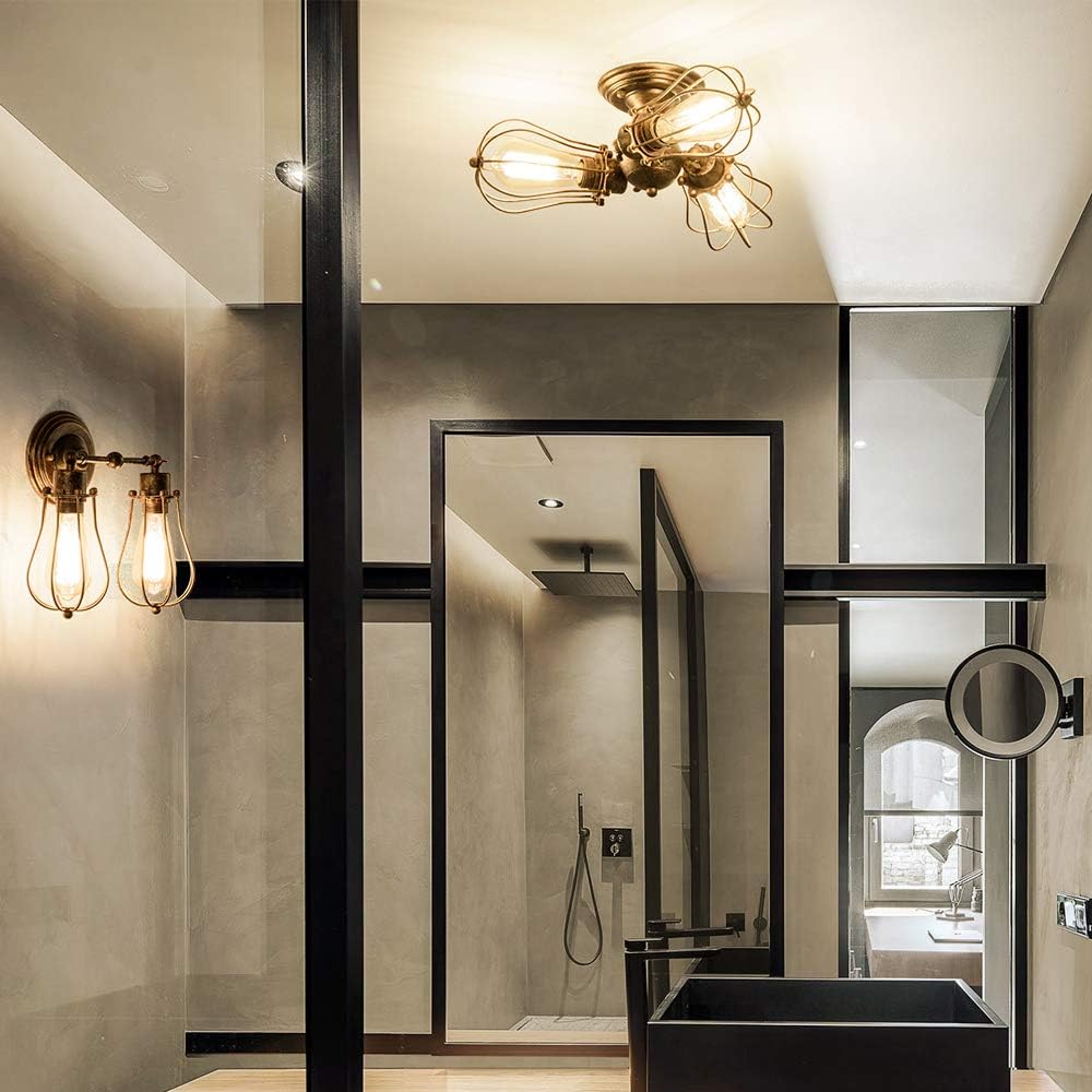 Luling Vintage Ceiling Light Industrial, Adjustable Socket Metal Wire Cage Lamp Semi-Flush Mount Rustic Ceiling Light Metal Lamp Fixtures (No Bulb) (with 3 Light) (Bronze)