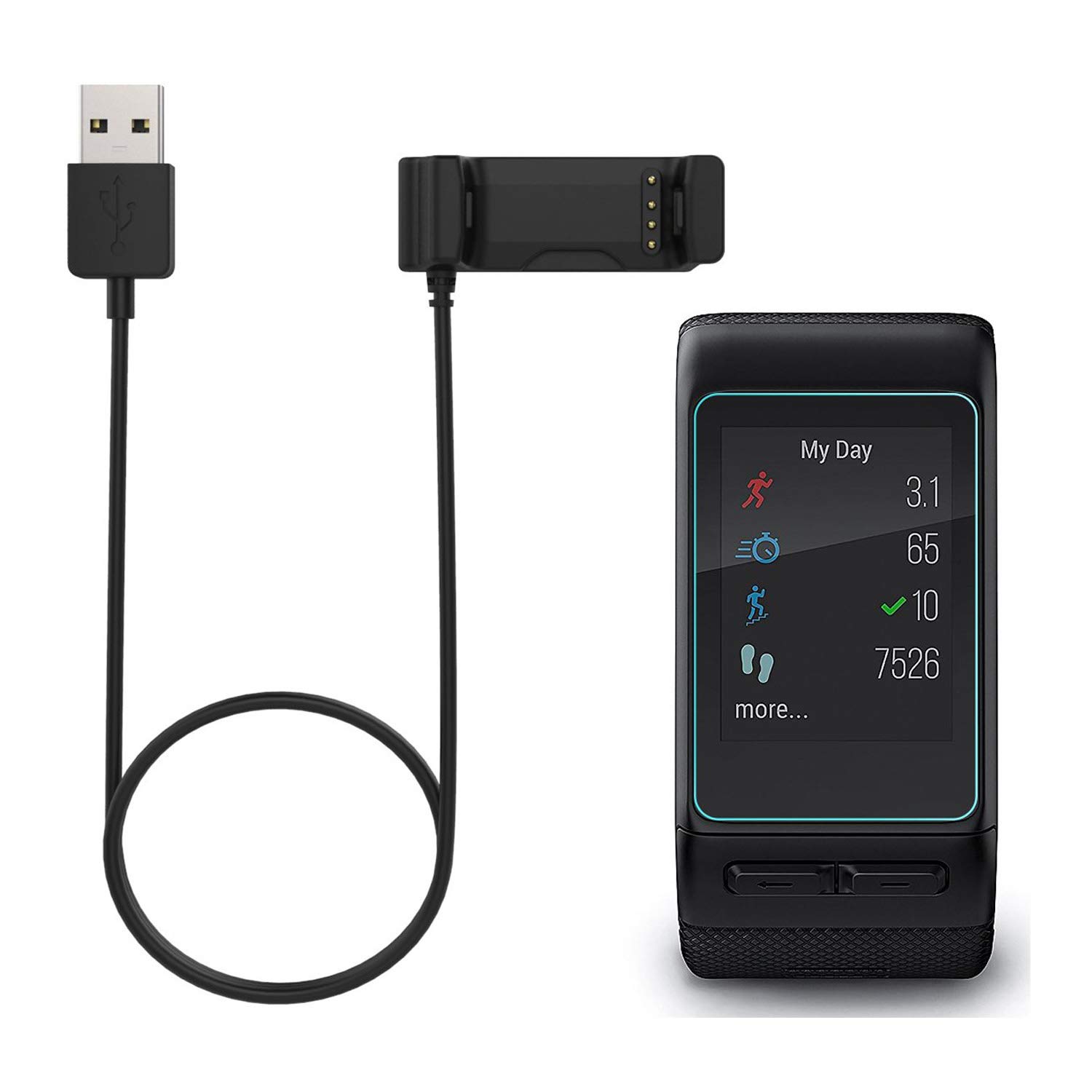 Garmin Vivoactive HR【充電ケーブル*2枚ガラスフィルム セット】 強化ガラス採用 9H硬度 USB高耐久 便利性 充電器 チャージャー 充電ケーブル 液晶保護フィルム Garmin Vivoactive HR 対応