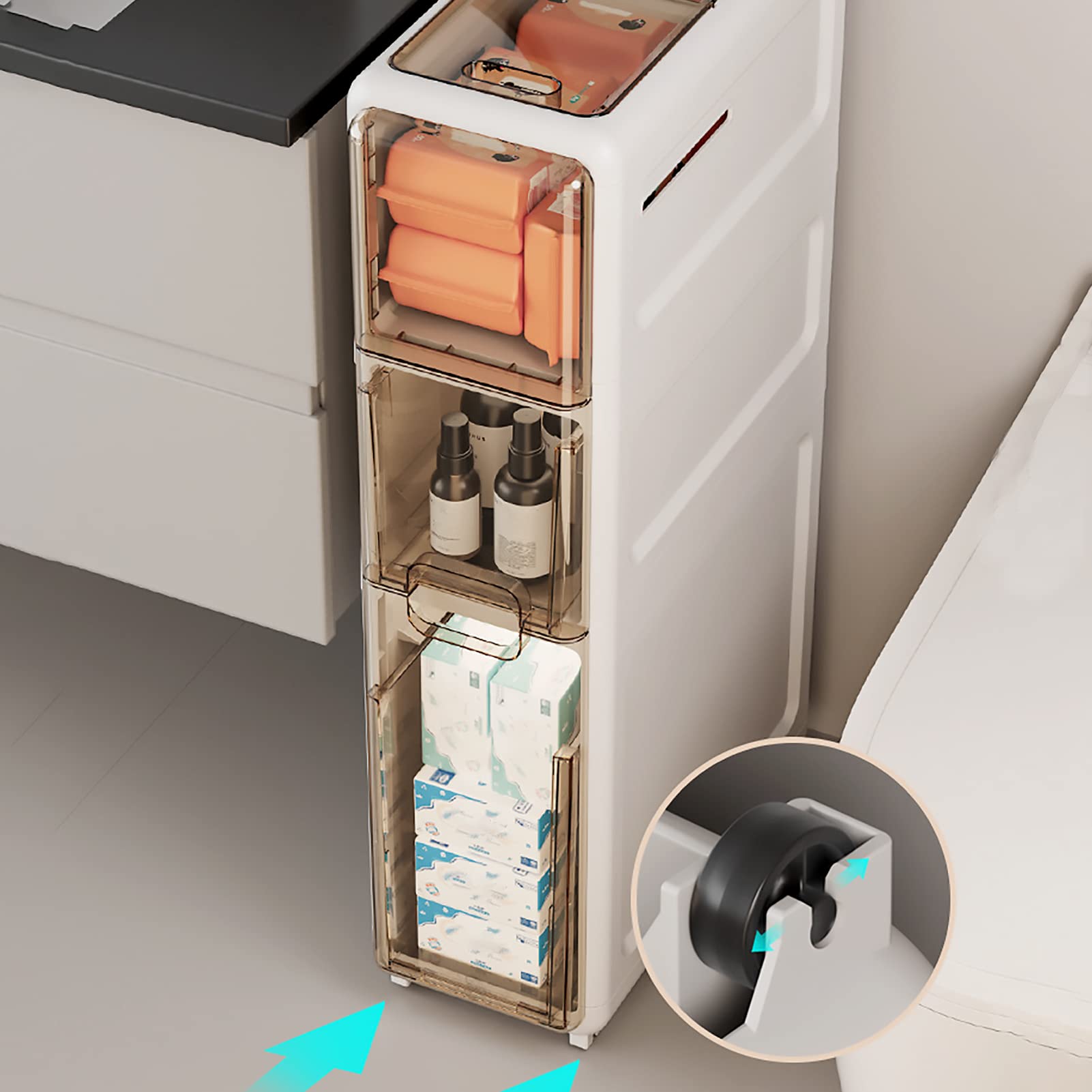 Cajones de almacenamiento apilables Gabinete de almacenamiento Lateral para inodoro, Gabinete de piso de baño Estrecho con 4 cajones y ruedas Torre de almacenamiento de c