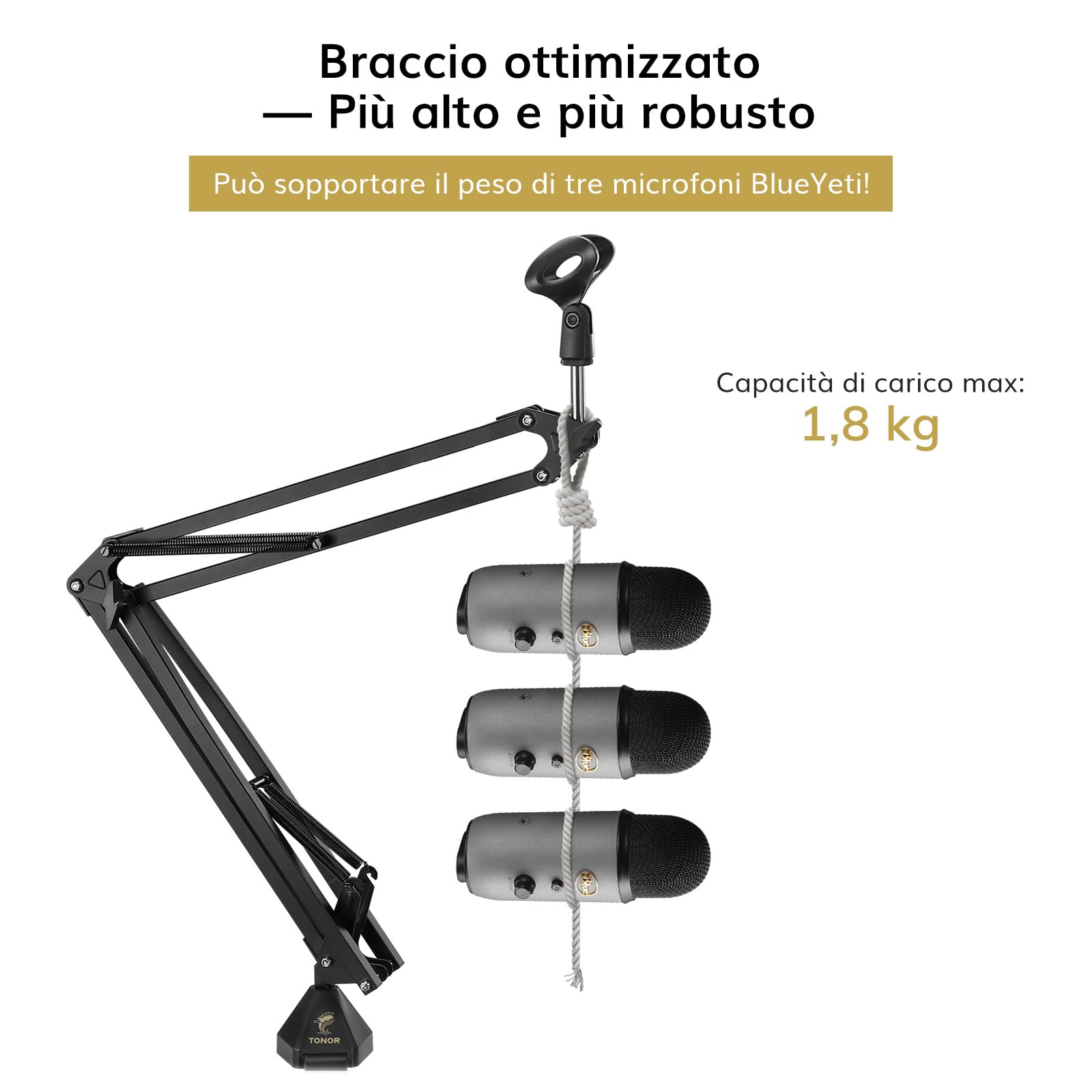 TONOR Braccio per Microfono Regolabile con Filtro Anti-Pop, Adattatore da 3/8" a 5/8", Clip per Microfono, Morsetto Resistente, Ideale per Podcast, Streaming, Giochi, Telelavoro, 35 cm +35 cm, T20
