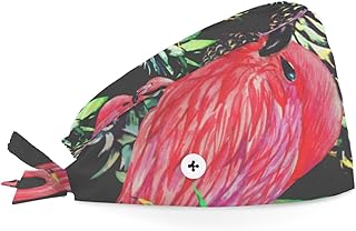 Bouffant Scrub Caps Printed Working Surgical Cap Pineapples Red Flamingos Nurse Hats with Buttons and Sweatband Adjustable Tie Back Hat for Women Men Multi Color