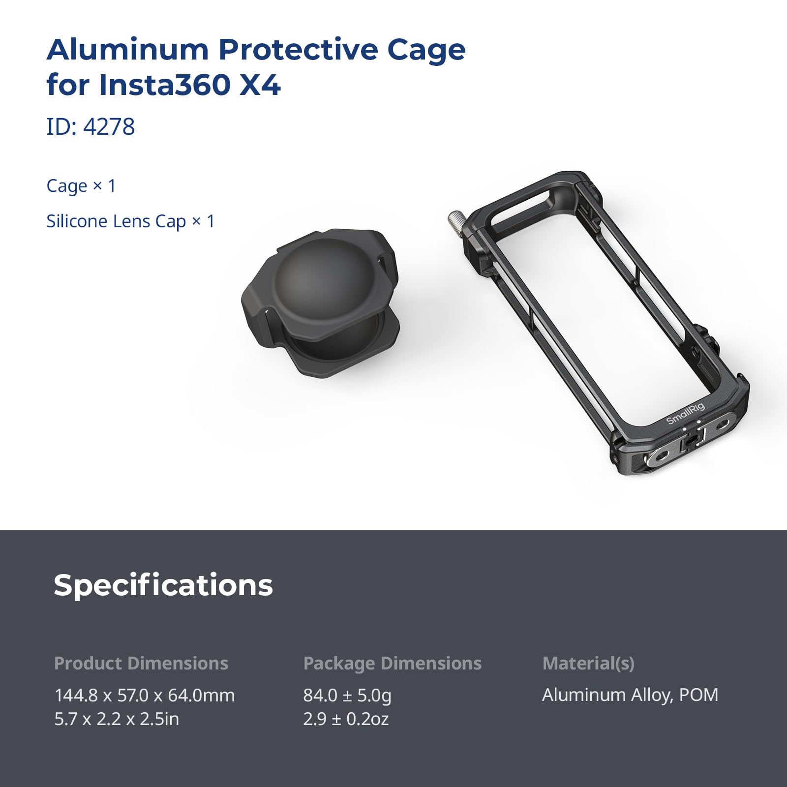 SMALLRIG Cage per Insta360 X4, Custodia Protettiva in Alluminio per Insta360 X4 con Copriobiettivo in Silicone, Slitta Fredda Incorporata e Foro Filettato Antideflessione da 1/4"-20-4278