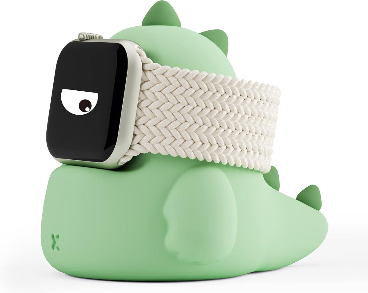 Soporte de cargador compatible con Apple Watch Series Ultra2/Ultra/10/9/8/SE2/7/6/SE/5/4/3/2/1 (49/46/45/44/42/41/40/38 mm), base de carga Dinosaur iWatch, compatible con modo mesita de noche, verde menta