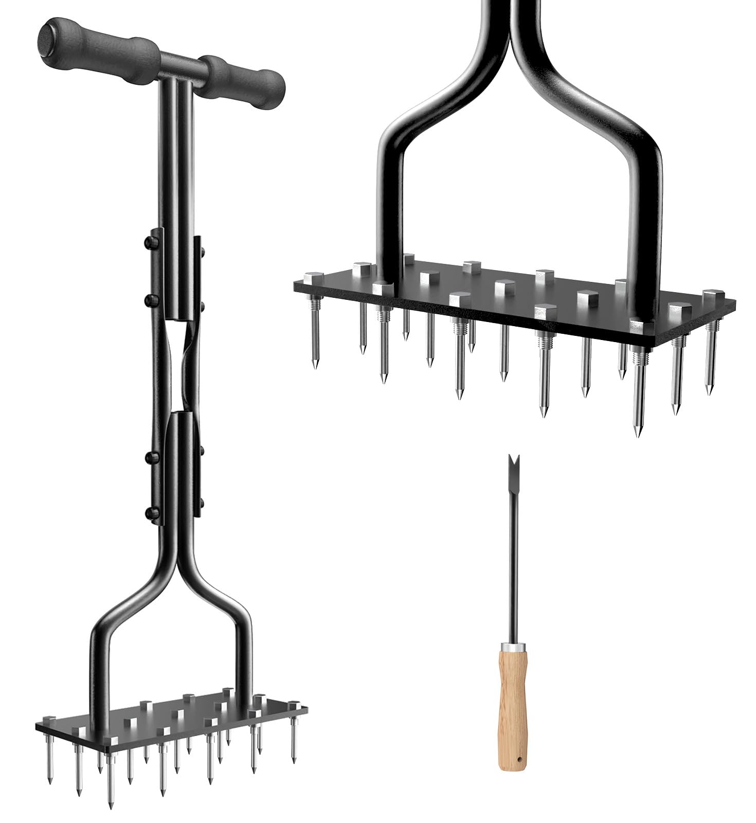 Lawn Aerator Spike Manual Tool with 15 Iron Spikes, Garden Grass Aeration Tools Hand Air Aerator & Clean Tool for Aerating Lawns & Yard Care, Loosening Soil, 36”