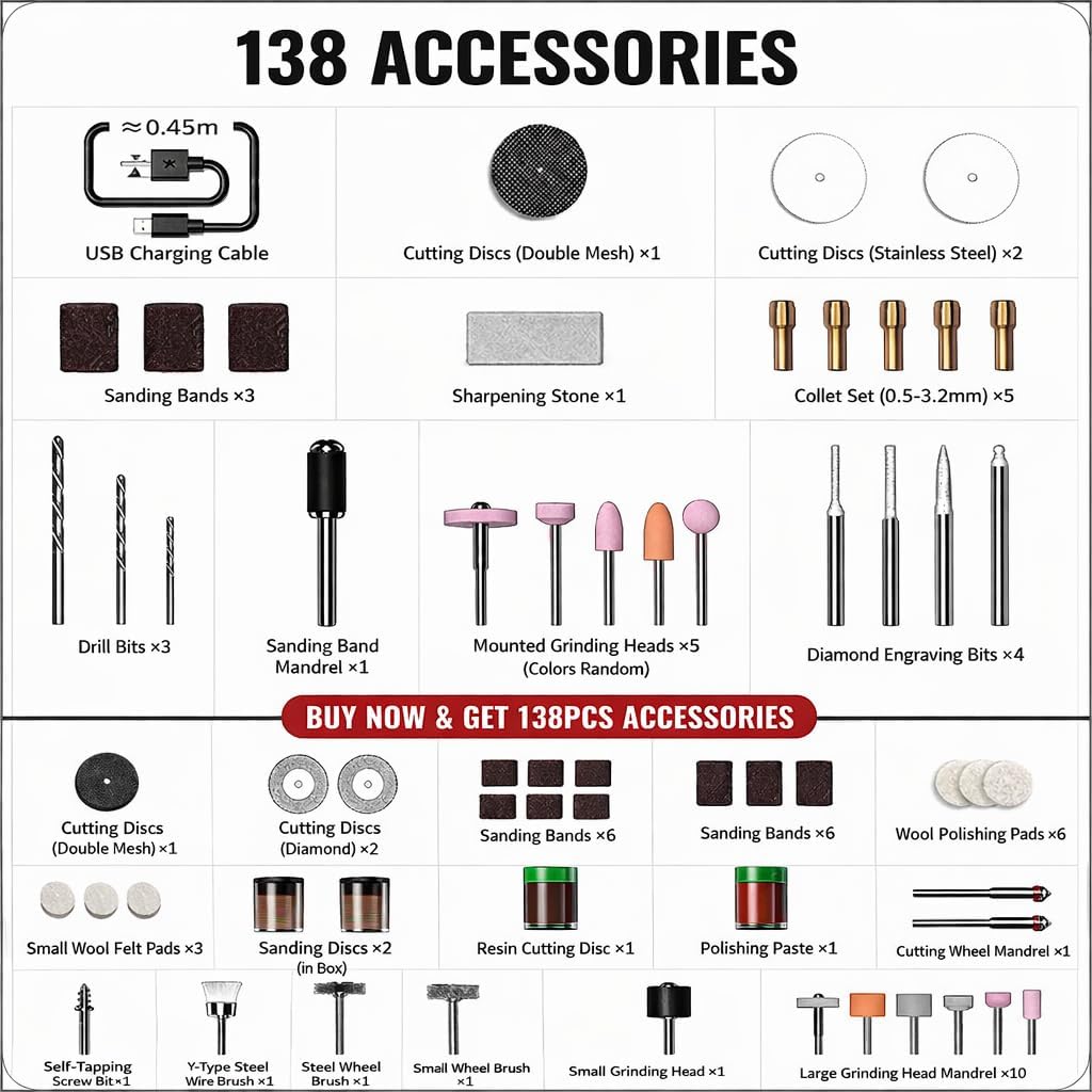 Cordless Rotary Tool, 5-Speed Mini Rotary Tool Kit with 138 Accessories, 3.7V Type-C Charging & LED Light, Multi-Purpose for Engraving Sanding Polishing Drilling DIY Crafts Wood Metal Resin