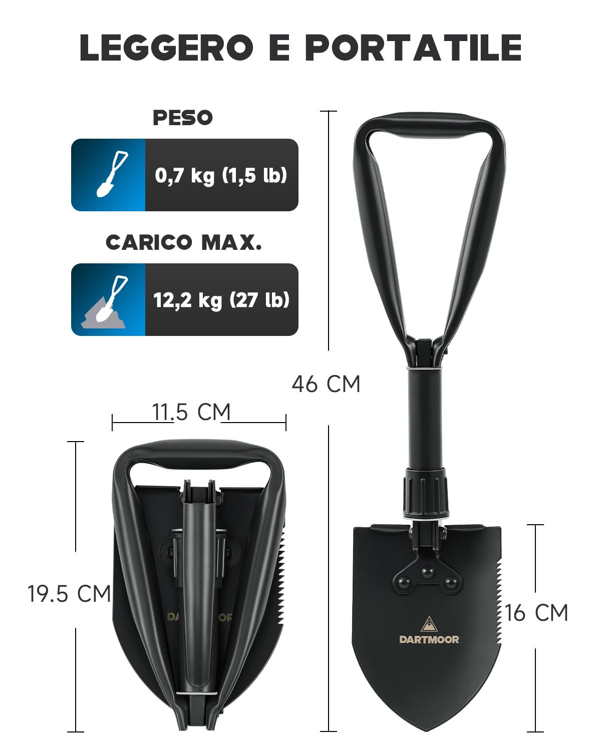 DARTMOOR Mini Pala Pieghevole Vanghe in Acciaio al Carbonio ad Alta Resistenza Leggera Multifunzionale con Borsa in Nylon Vanghe e pale per Giardinaggio Campeggio, Nero