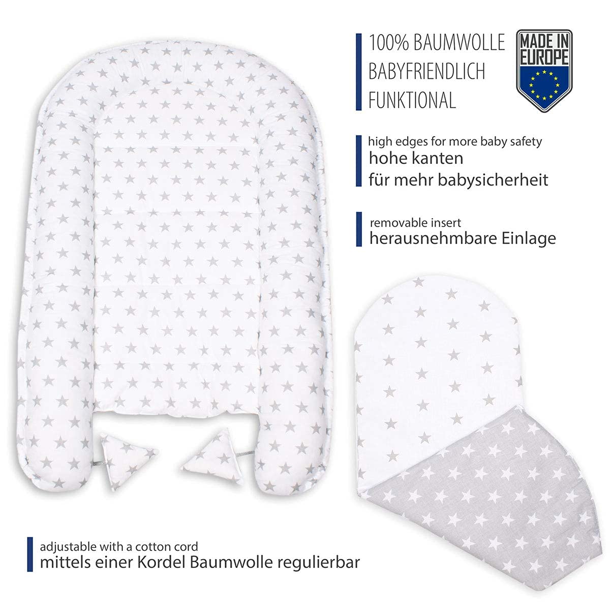 PaLulli 3-TLG Baby Ausstattung-Set Kuschelnest Babynest 95x55cm Baby-Matratze Kuscheldecke Babybett 100% Baumwolle Hypoallergisch Für 0-8 Monate