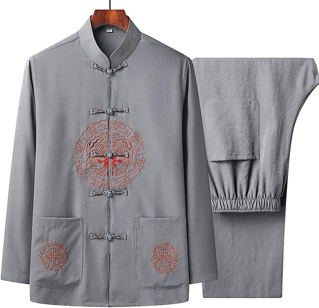 Tang Suit Men Hanfu Kung Fu Uniform Chinese Traditional Clothing Taiyi Suit Martial Arts Set Long Sleeve Morning Exercise Wear (Blue L) (Gray XL)