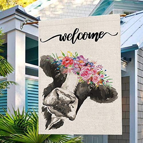 Welcome Floral Crown Cow House Burlap Flag 28 X 40 Inch Vertical Double Sided Summer House Flags Outdoor Decorations Spring Farmhouse Yard Decor #TOP4
