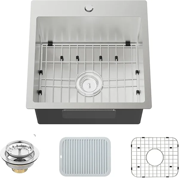 Kitchen Sink, Stainless Steel 18 x 18 Inch Drop In Bar Sink Top Mount Kitchen Sink Single Bowl Kitchen Sink Set - Sink Grid, Silicon Mat,Drain Assembly For Modern Kitchen Stylish and Functional
