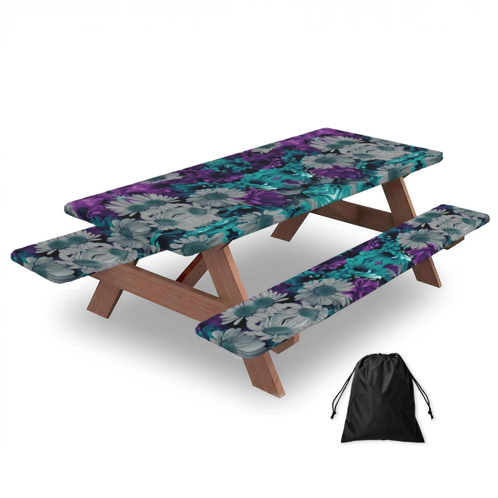 Purple And Teal Flowers Print 3 Pack Wipeable Picnic Bench Cover And Table Cover Lightweight Table Cloth For Camping Outdoor