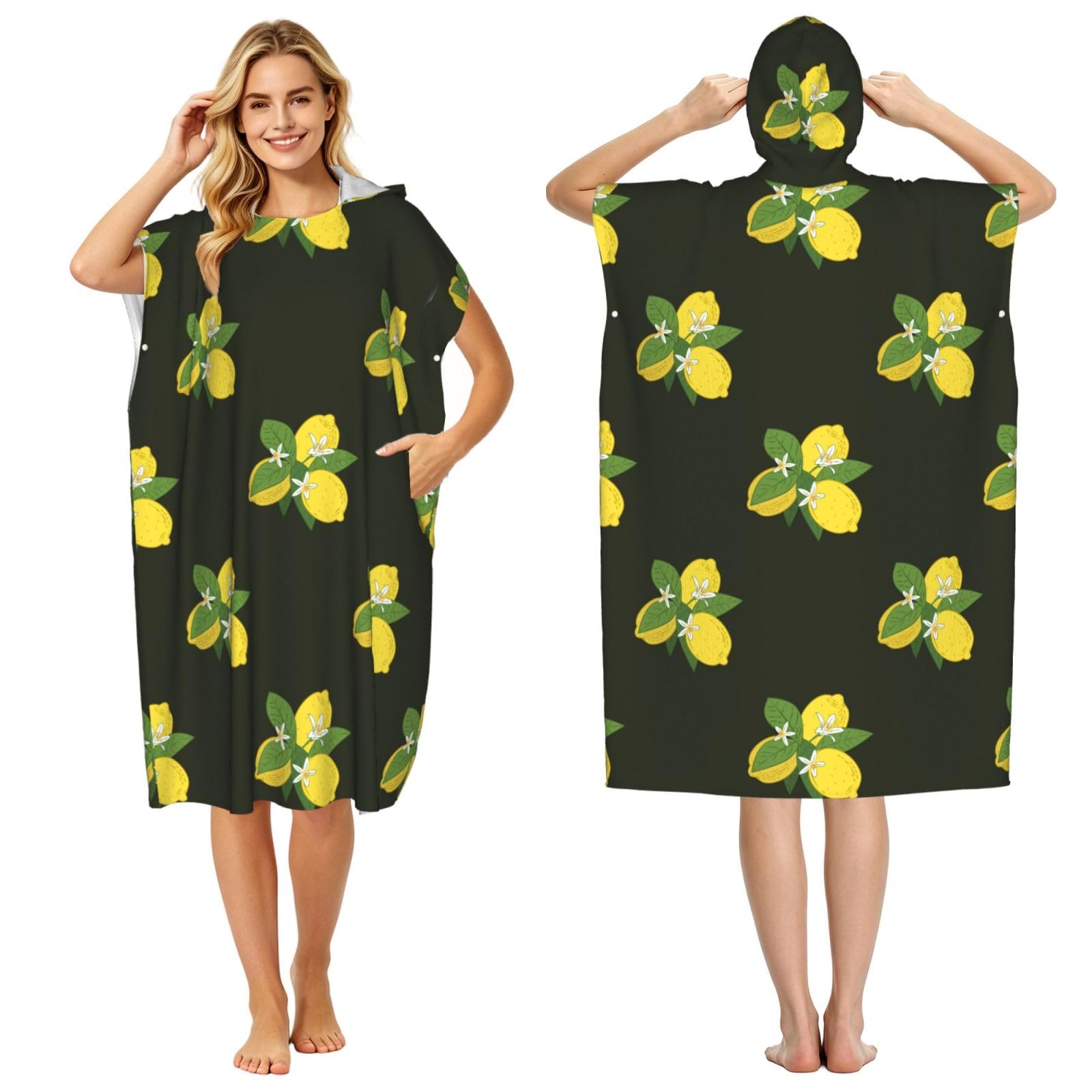 Poadnly Lemon With Branch And Lilies Bouquet Black, Adult Hooded Beach Towel 90 x 110 cm,Changing Bath Robe, Surf Poncho Towel For Women Men