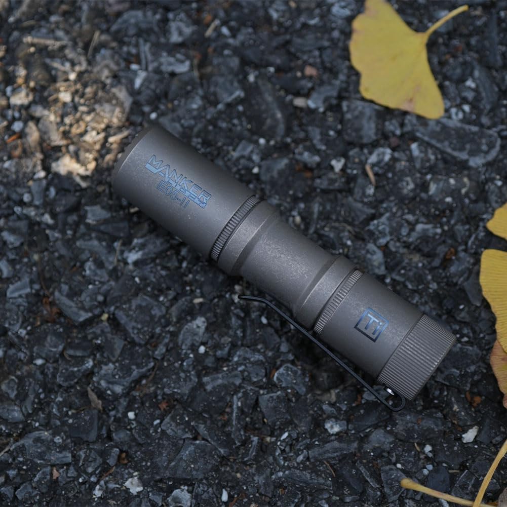 MANKER E05 II (Ti-Stonewashed, Cool White Version, 6500K) Compact Flashlight, High Density 1300 Lumens White LED Emitters, Power by 14500 Battery or AA Battery (No Filter)