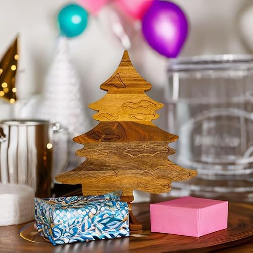 Miniatura 6 de Tabla de cortar de madera de acacia para cocina, árbol de hoja de nieve de Navidad con mango y ranuras, tabla de cortar decorativa para queso y