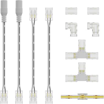 2Pin 8mm COB LED Strip Light Connectors Set Gapless Solderless Connectors for Single Color LED Lights, 5 Types Connectors for Single Color LED Strip Lights NOT for 5mm&10mm Width Strips