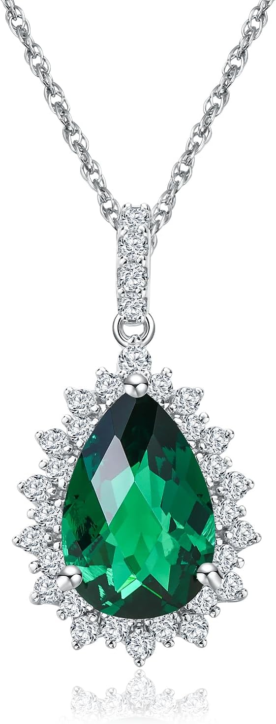 925 Sterling Silver Teardrop Necklace for Women Huge Created Gemstone Solitaire Halo Pendant Pear Cut Birthstone Necklace