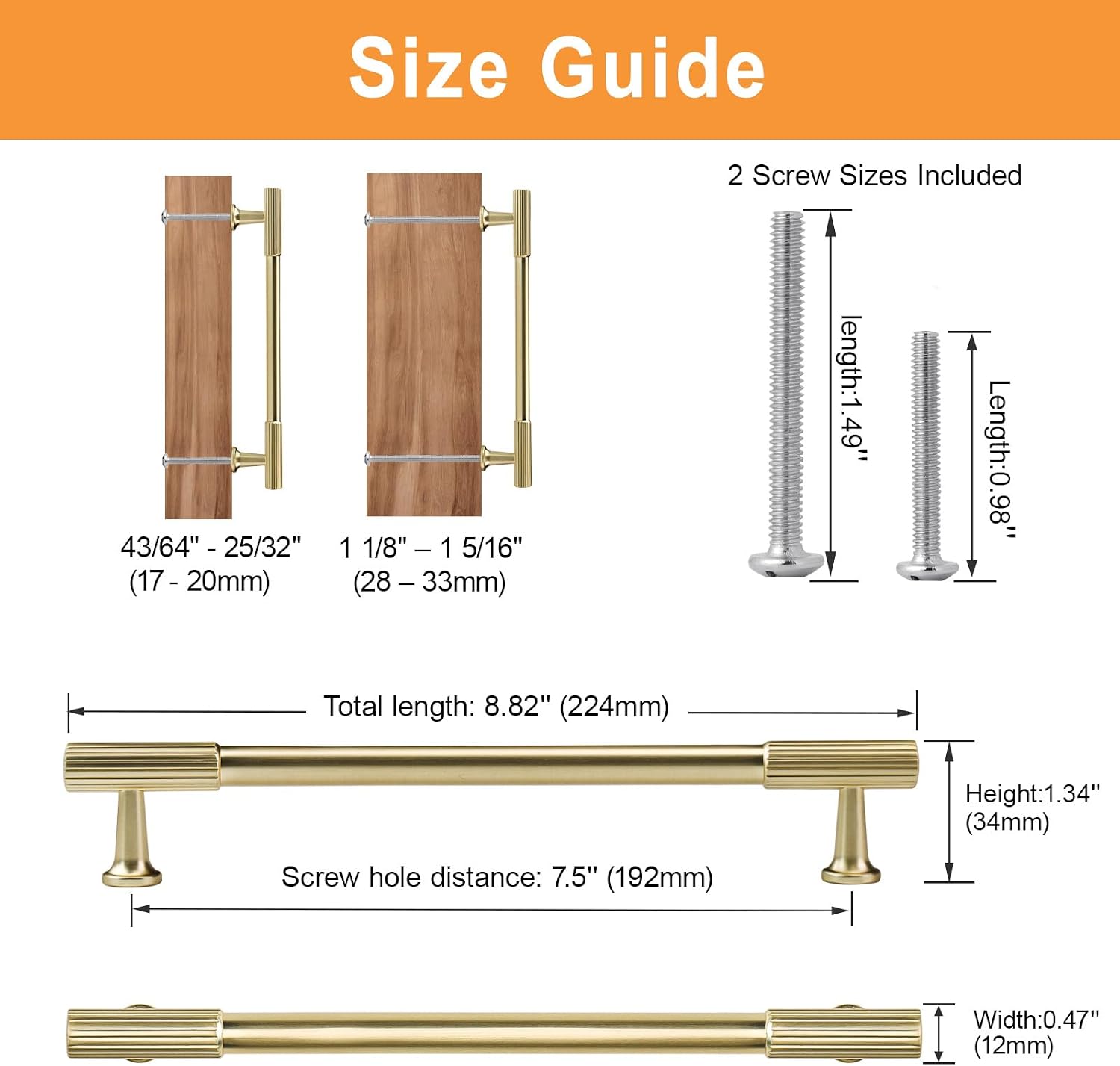 VEHCIL 20 Pack Brushed Gold Cabinet Handles, 7.5" Hole Centers Kitchen Cabinet Pulls Drawer Dresser Handles Cabinet Hardware for Kitchen Cupboard, Solid Zinc Alloy