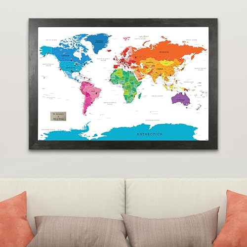 Vista 43 de Lienzo - Mapa de viaje personalizado con diseño colorido del mundo con marco negro rústico
