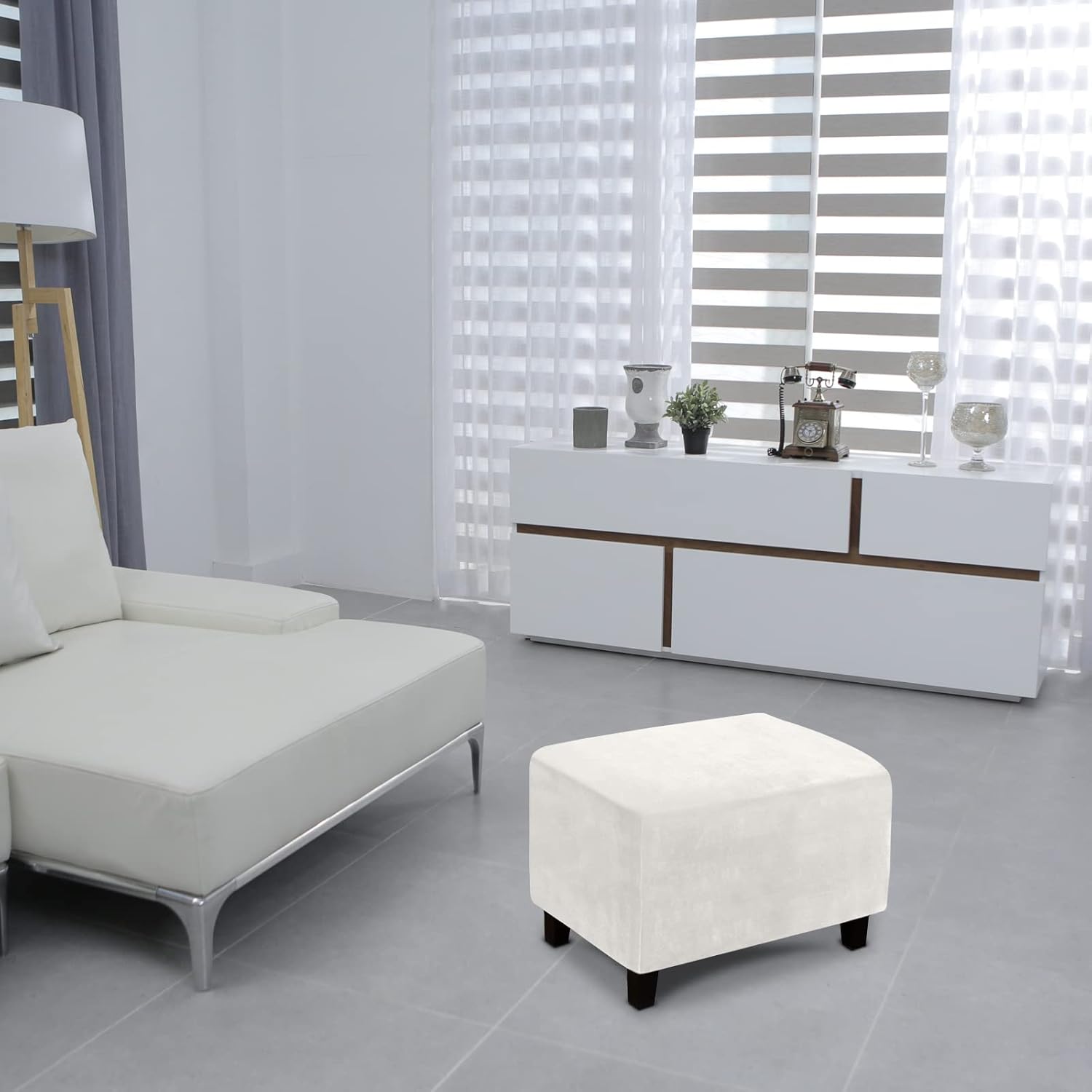 Velvet Ottoman Cover, Stretch Footstools Covers, Plush Foot Stool Slipcover, Removable Footrest Stool Sofa Slipcovers, Folding Storage Stool Furniture Protector for Room(White,Rectangular X-Large)