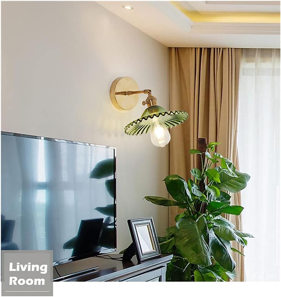 Industrial Antique Wall Sconce Modern E27 Base Wall Light with Brass Gold Color Lamp Holder Glass Lampshade for Bedroom, Bathroom, Doorway, Foyer, Hallway, Green Color